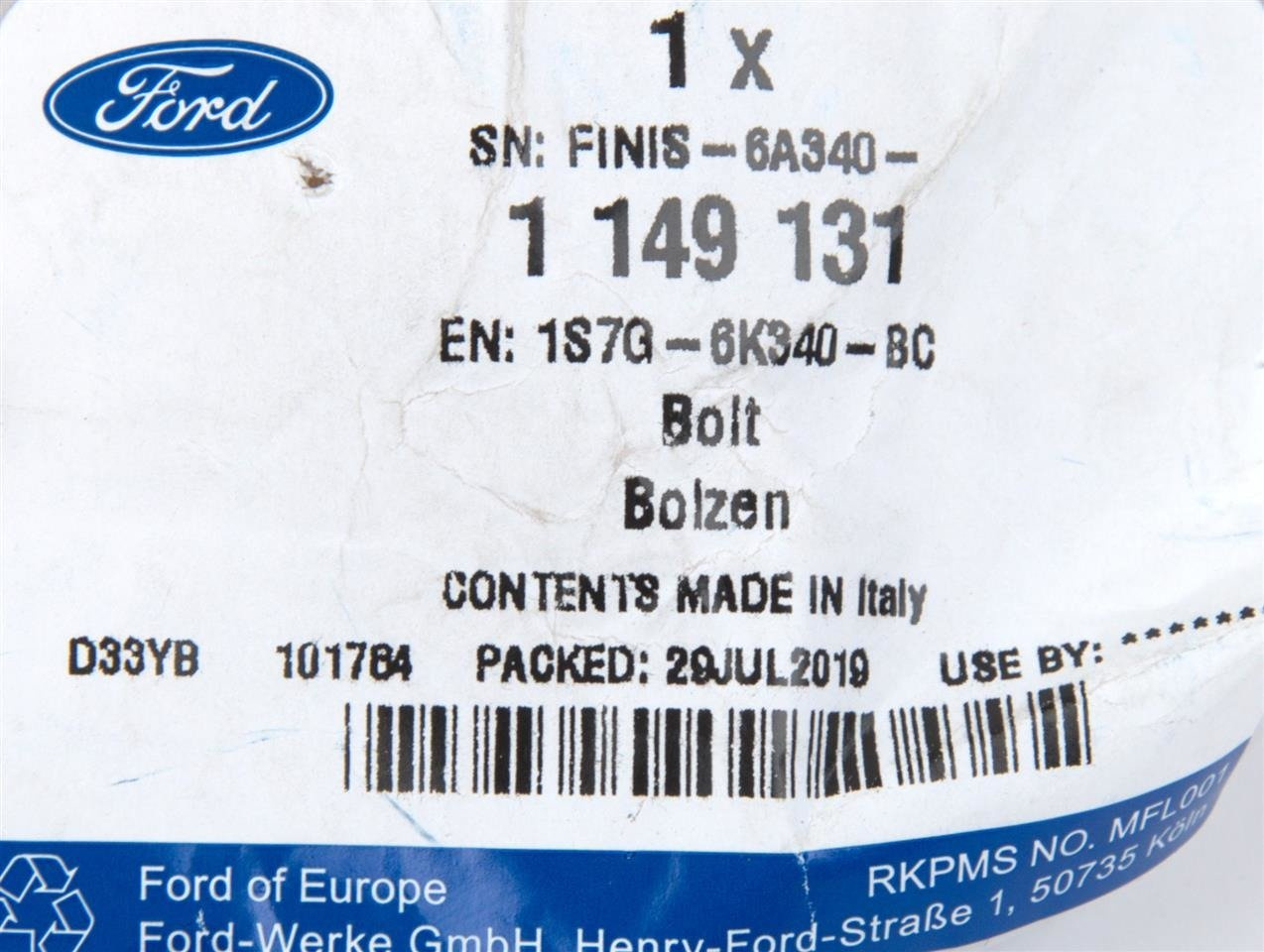 ŚRUBA KOŁA PASOWEGO WAŁU KORBOW. FORD DURATEC / EB _ 1149131 _ 1S7G-6K340-BC _ 1S7Z 6A340-AA