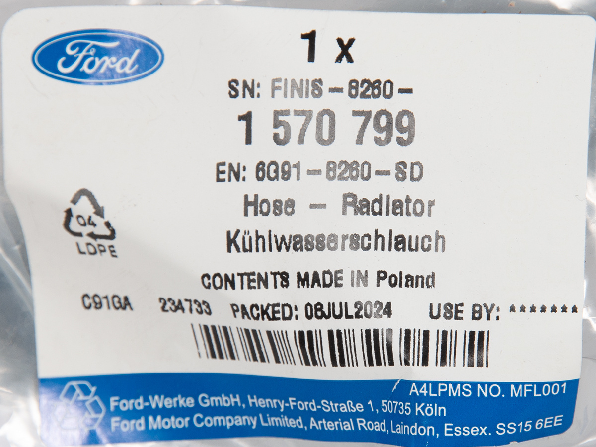 PRZEWÓD CHŁODNICY WODY MONDEO 07-10 FORD OE _ 1570799 _ 6G91-8260-SD