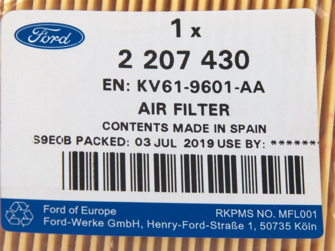 FILTR POWIETRZA 1.0L 3 CYL FOX 1.5L DURATORQ-TDCI _ 2207430 _ KV61-9601-AA