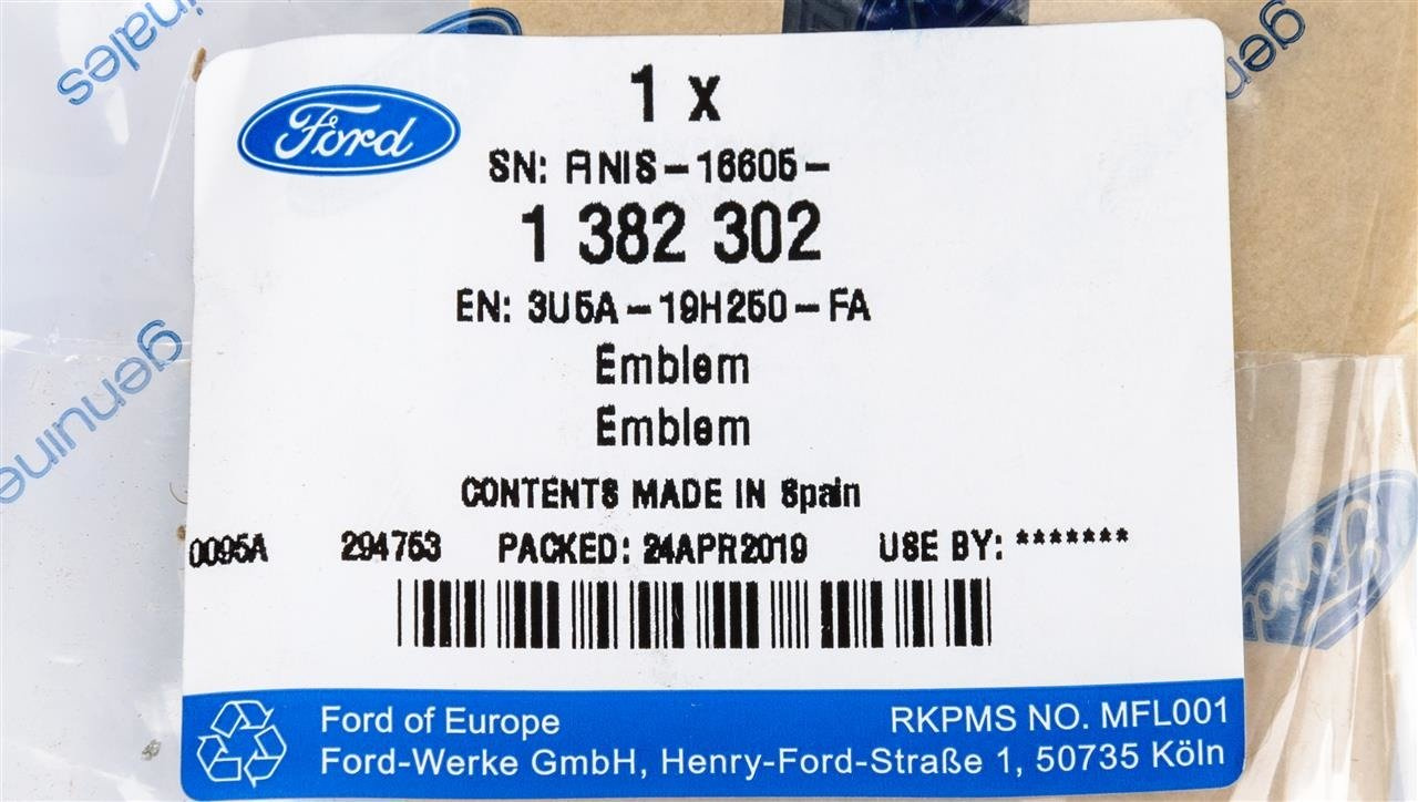 ZNACZEK LOGO FORD TYŁ GALAXY 06- TRANSIT 06- _ 1382302 _ 3U5A-19H250-FA