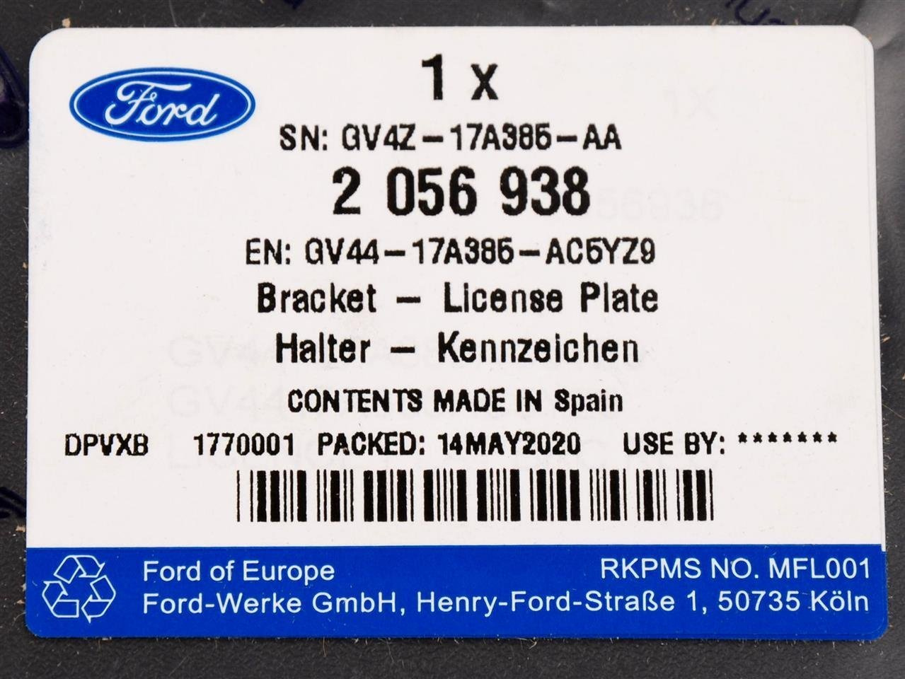 UCHWYT PODKŁADKA TABLICY PRZÓD FORD KUGA 2016- OE _ 2056938 _ GV44-17A385-AC5YZ9