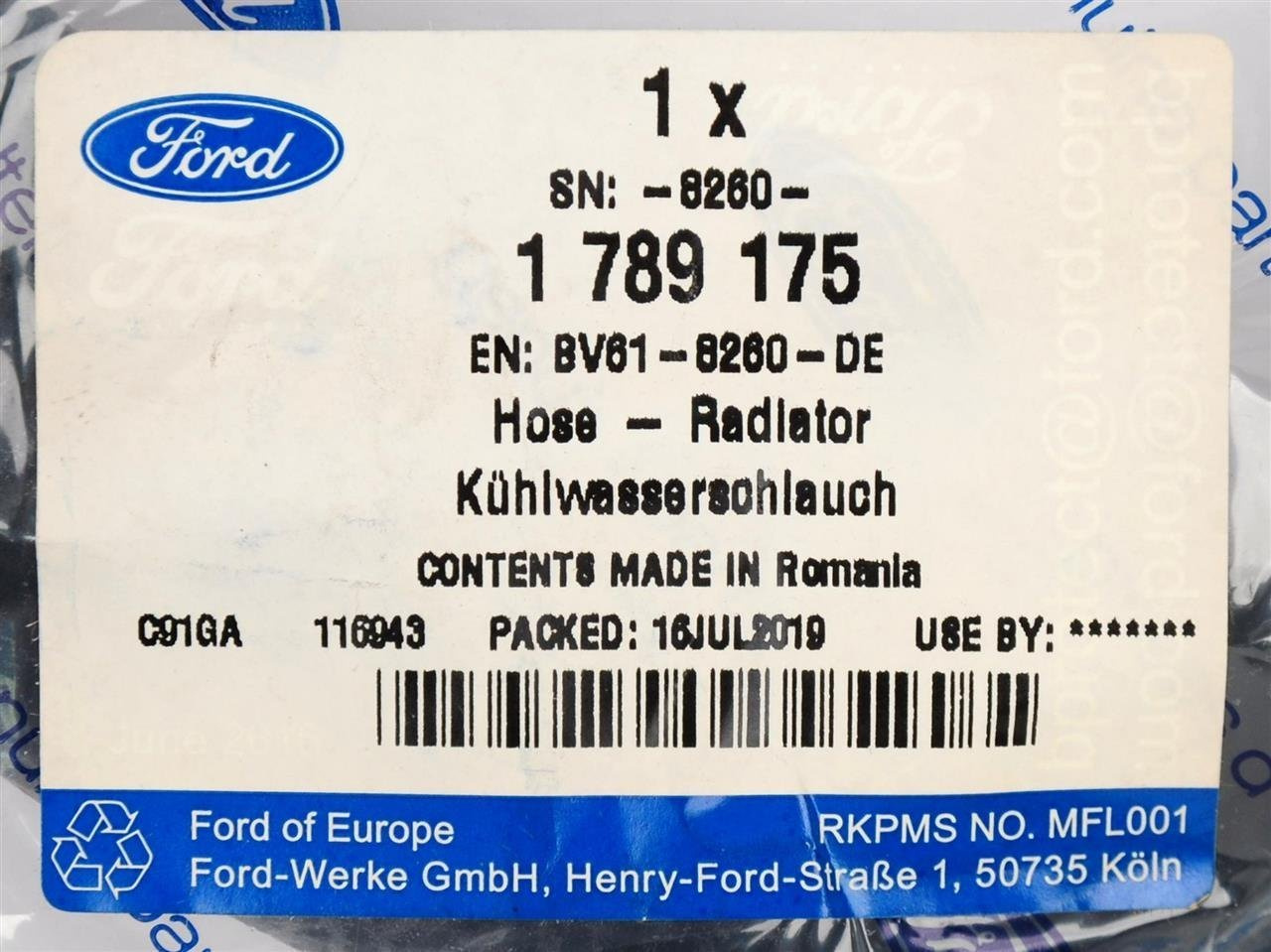 PRZEWÓD DOLNY CHŁODNICY 1.6 EB _ 1789175 _ BV61-8260-DE