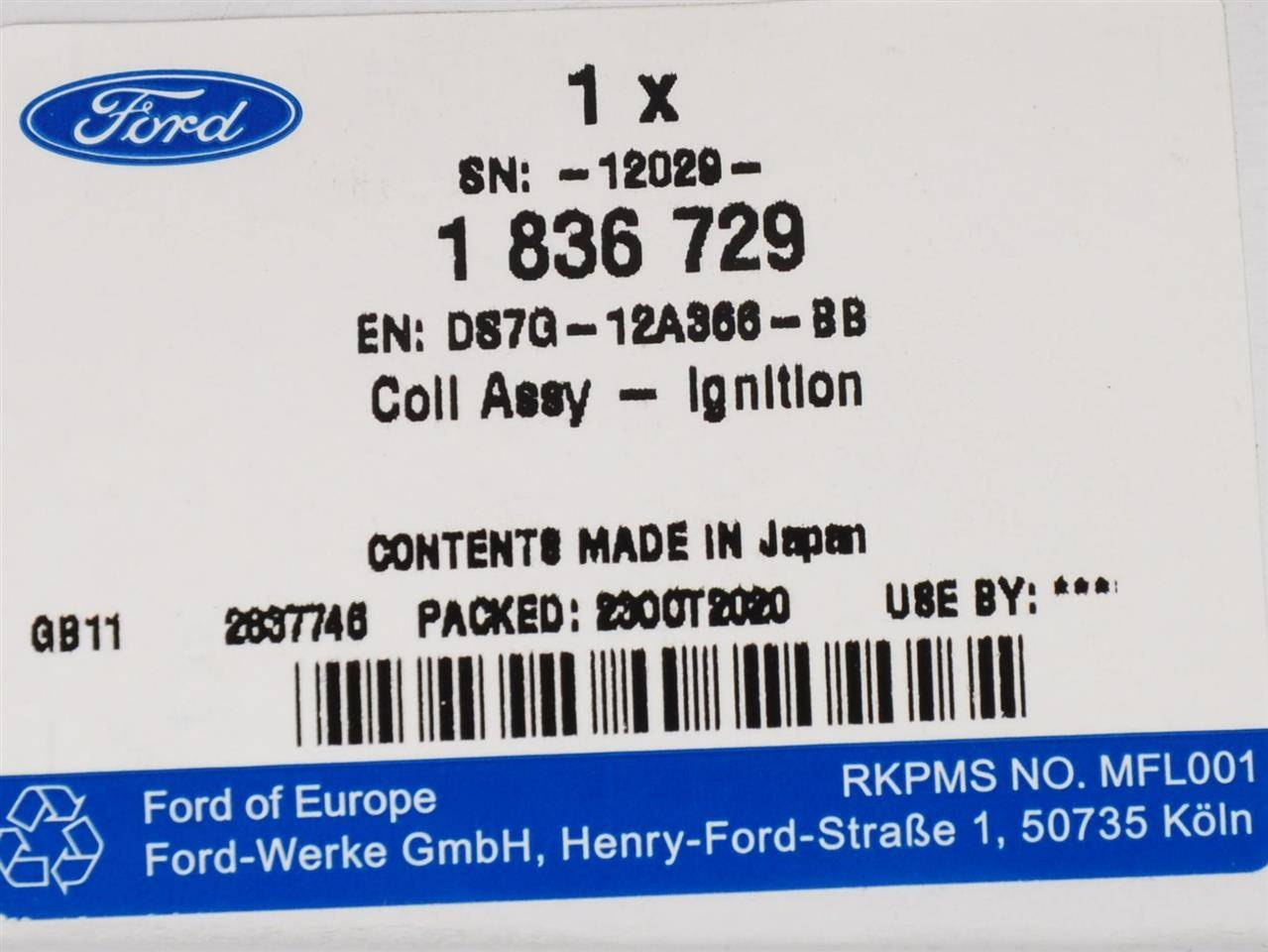 CEWKA ZAPŁONOWA FORD OE 1,5 ECOBOOST GTDI 4 CYL _ 1836729 _ DS7G-12A366-BB _ DS7Z-12029-B