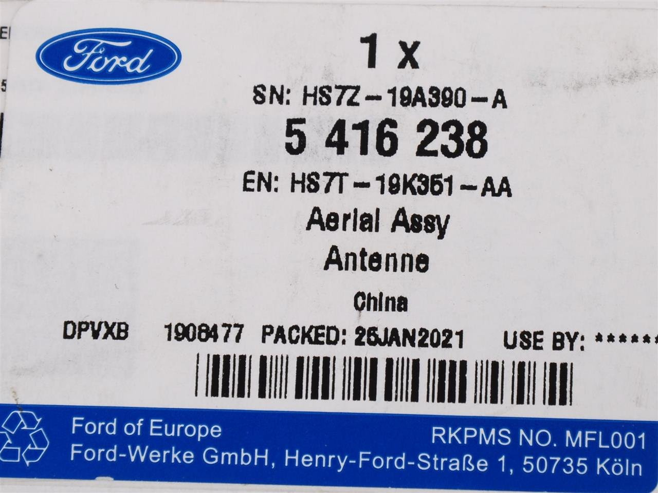 ANTENA FORD ECOSPORT 17- TRANSIT 19- CUSTOM 19- _ 5416238 _ HS7T-19K351-AA _ HS7Z-19A390-A