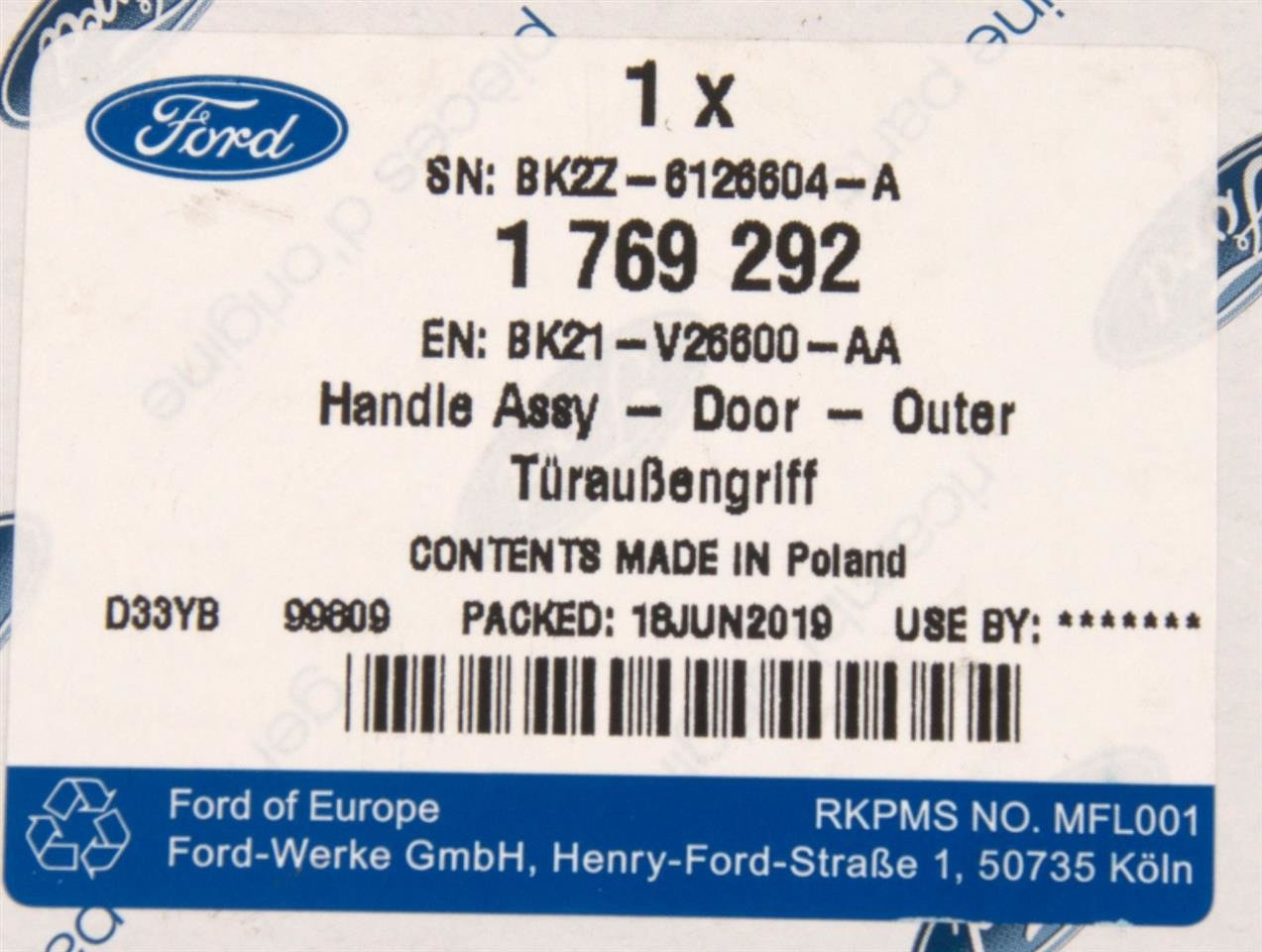 KLAMKA ZEWNETRZNA DRZWI BOCZNYCH TRANSIT 14- 19- _ 1769292 _ BK21-V26600-AA _ BK2Z-6126604-A