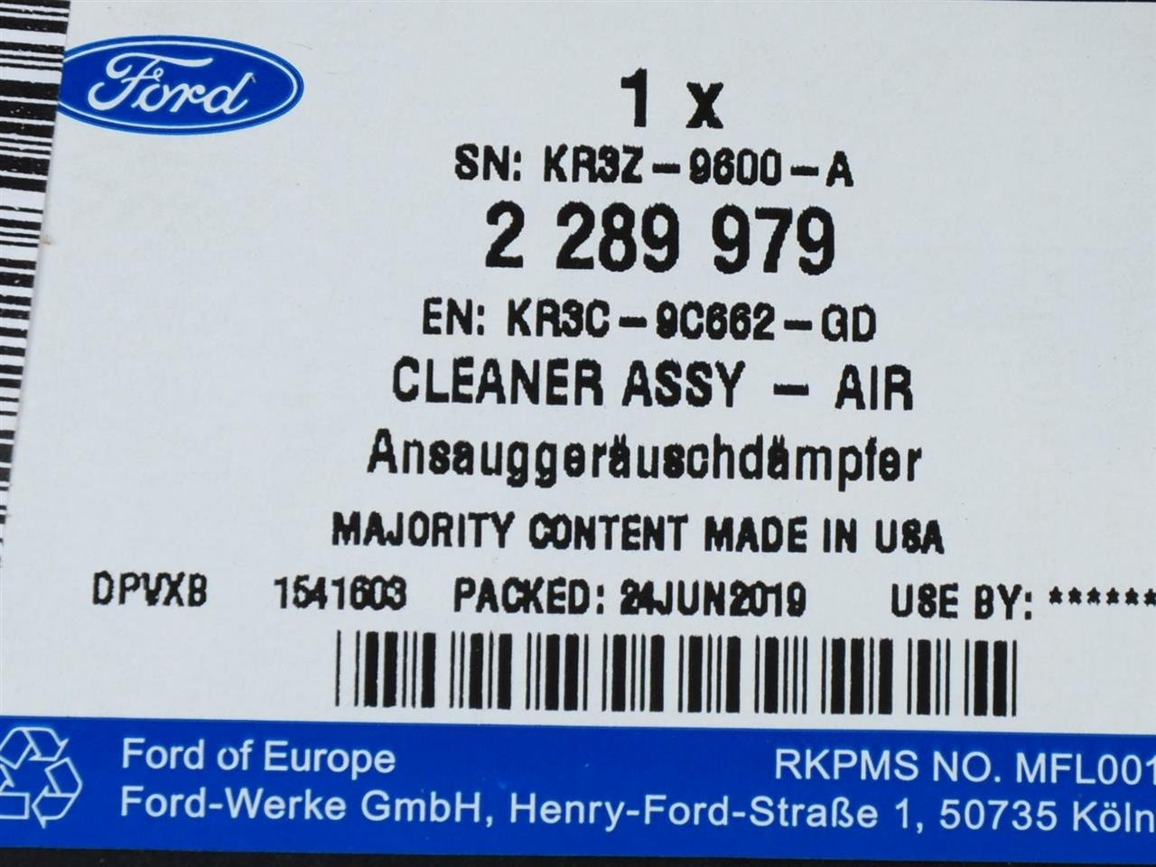 FILTR POWIETRZA KOMPLETNY MUSTANG 5,0 2018- OE _ 2289979 _ KR3C-9C662-GD _ KR3Z-9600-A